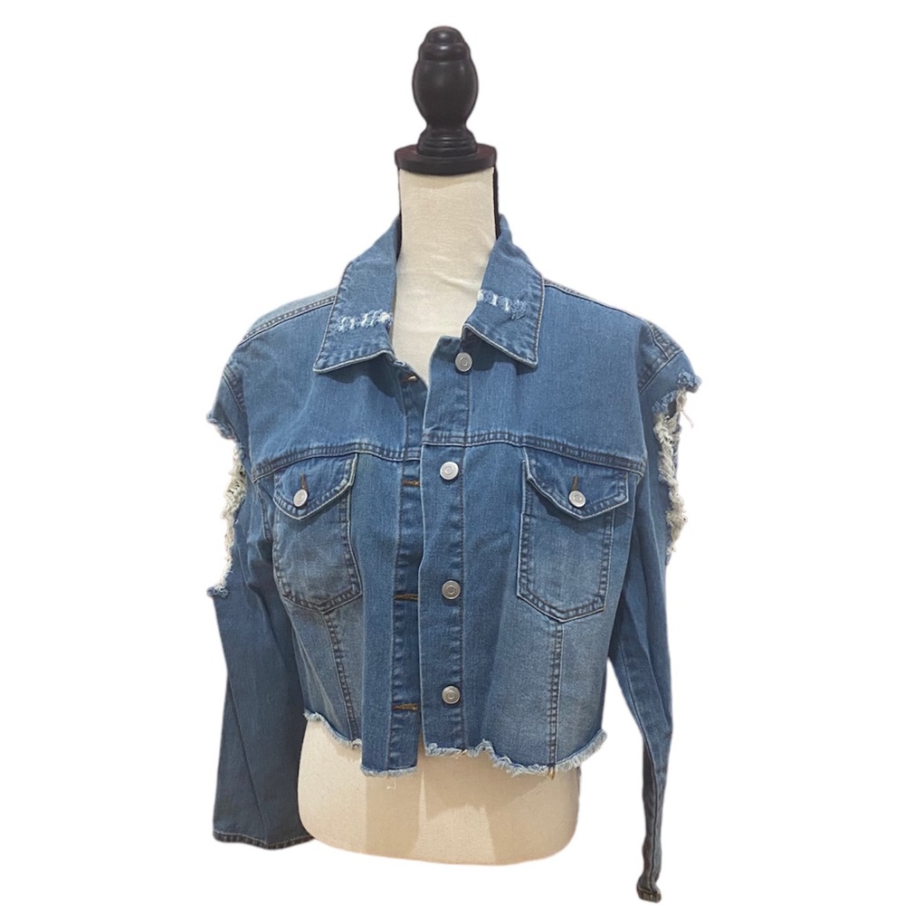 Cropped Distressed Denim Jacket - Picture 1 of 3